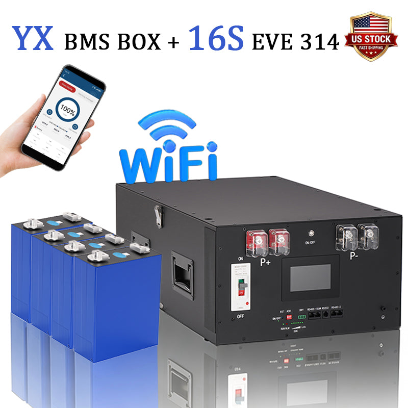 YIXIANG WIFI BMS Stacked Battery Box Kit With YX 200A BMS (US Stock shipping time: 3~7 Days)+16PCS EVE 314 MB31 Brand New Grade A Lifepo4 Battery Cell(US Stock shipping time: Mid-Oct)
